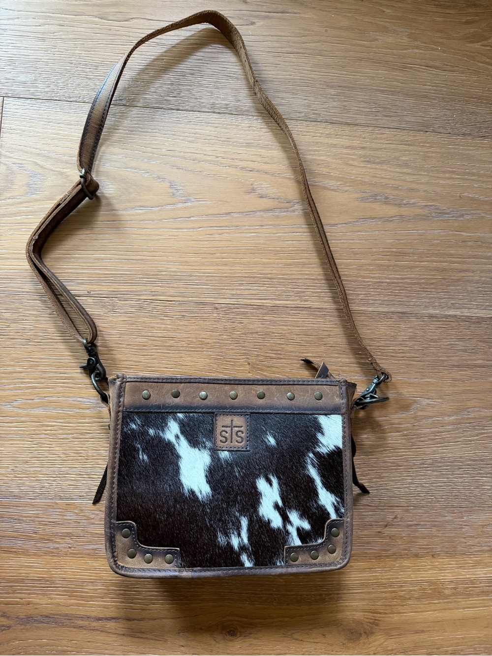 STS Ranchwear Brown and White Cowhide Crossbody Bag